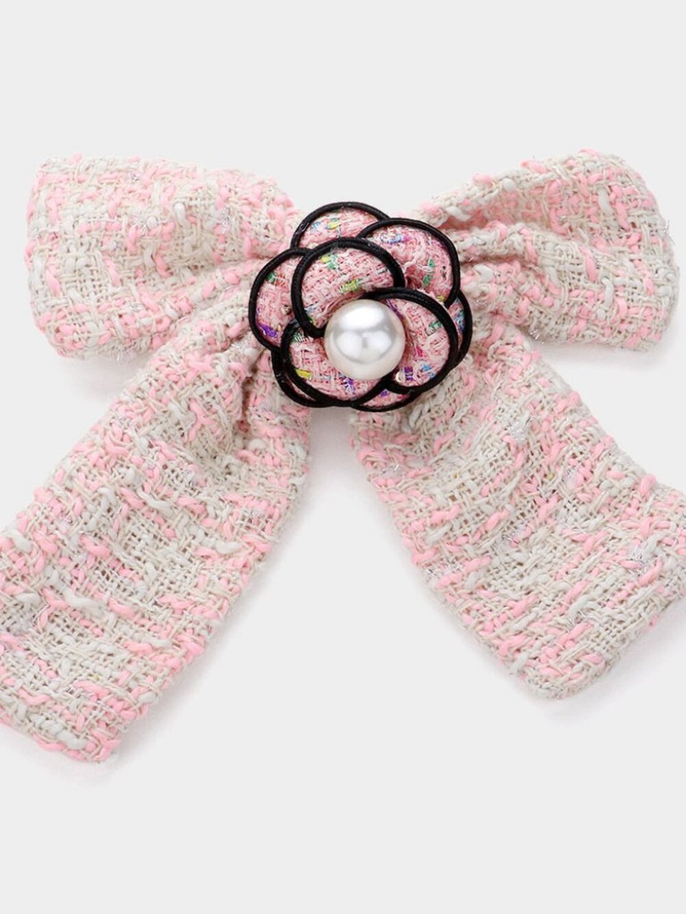 Pearl Pointed Flower Center Tweed Bow Barrette